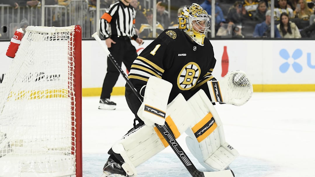 Jan 18, 2024; Boston, Massachusetts, USA; Boston Bruins goaltender Jeremy Swayman (1) in goal during the second period against the Colorado Avalanche at TD Garden. Mandatory Credit: Bob DeChiara-Imagn Images
