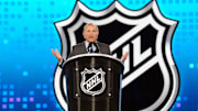 Jun 28, 2024; Las Vegas, Nevada, USA; NHL Commissioner Gary Bettman welcomes fans to the 2024 NHL Draft at The Sphere. Mandatory Credit: Stephen R. Sylvanie-Imagn Images