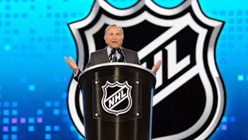 Jun 28, 2024; Las Vegas, Nevada, USA; NHL Commissioner Gary Bettman welcomes fans to the 2024 NHL Draft at The Sphere. Mandatory Credit: Stephen R. Sylvanie-Imagn Images