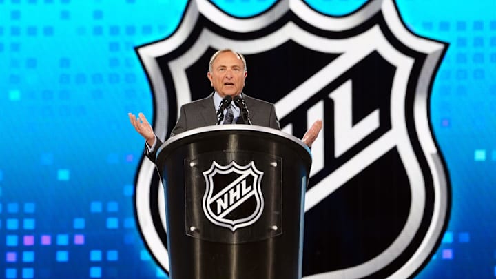 Jun 28, 2024; Las Vegas, Nevada, USA; NHL Commissioner Gary Bettman welcomes fans to the 2024 NHL Draft at The Sphere. Mandatory Credit: Stephen R. Sylvanie-Imagn Images