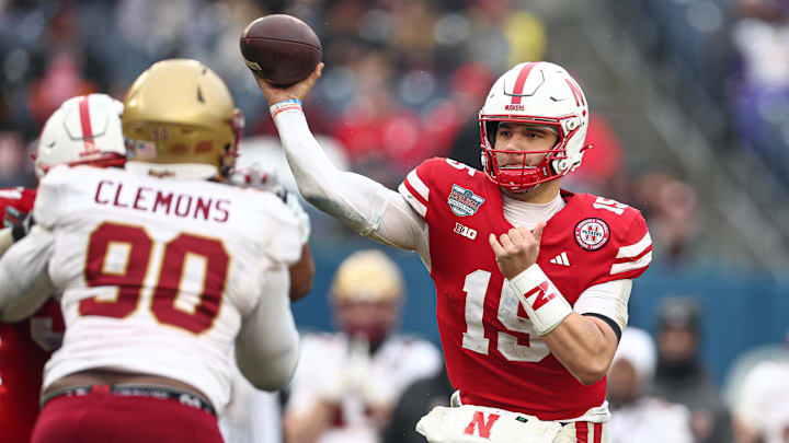 Nebraska Cornhuskers quarterback Dylan Raiola (15) throws the ball during the second half against the Boston College Eagles