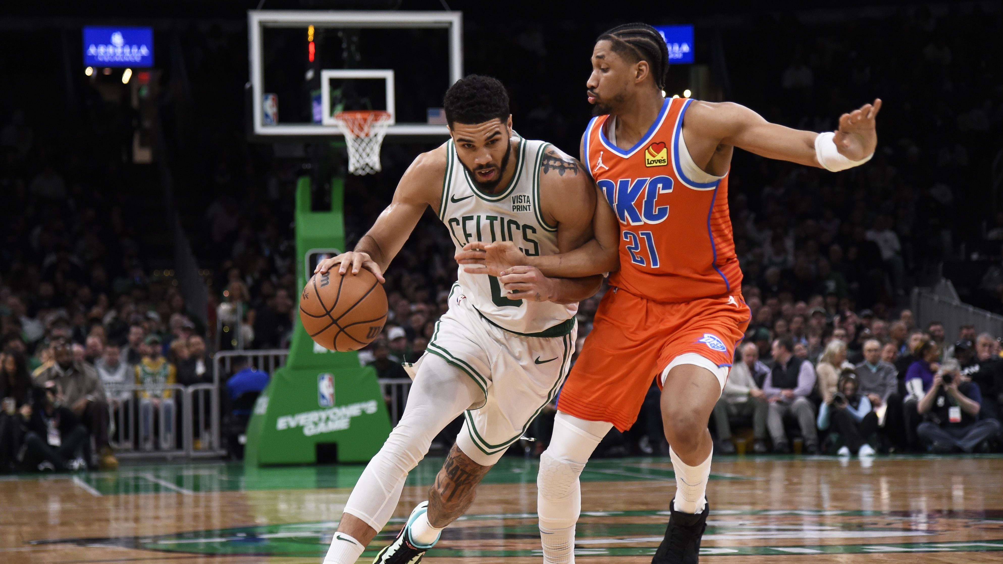 Apr 3, 2024; Boston, Massachusetts, USA; Boston Celtics’ Jayson Tatum drives to the basket vs. Oklahoma City Thunder.