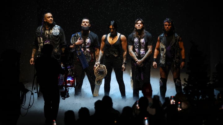 Members of the The Judgment Day enter the arena at \"WWE Monday Night Raw\" at Wells Fargo Arena in