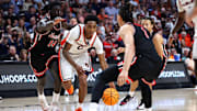 Auburn Tigers guard Tahaad Pettiford dribbles the ball against Houston Cougars guard Isiah Harwell during the second half at Legacy Arena at BJCC.