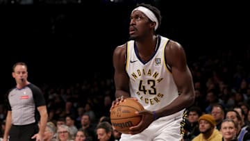 Dec 4, 2024; Brooklyn, New York, USA; Indiana Pacers forward Pascal Siakam (43) looks to shoot the ball against the Brooklyn Nets during the second quarter at Barclays Center. Mandatory Credit: Brad Penner-Imagn Images