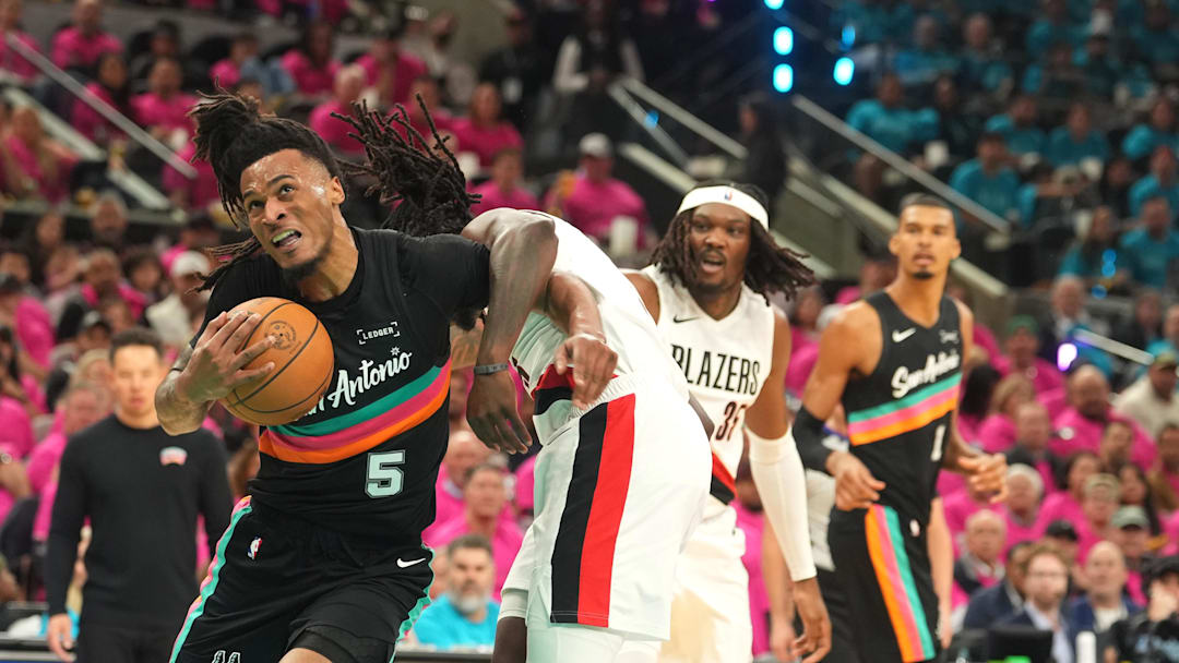 Apr 19, 2026; San Antonio, Texas, USA; San Antonio Spurs guard Stephon Castle (5) drives to the basket during the first half of game one of the first round of the 2026 NBA Playoffs against the Portland Trail Blazers at Frost Bank Center. Mandatory Credit: Scott Wachter-Imagn Images