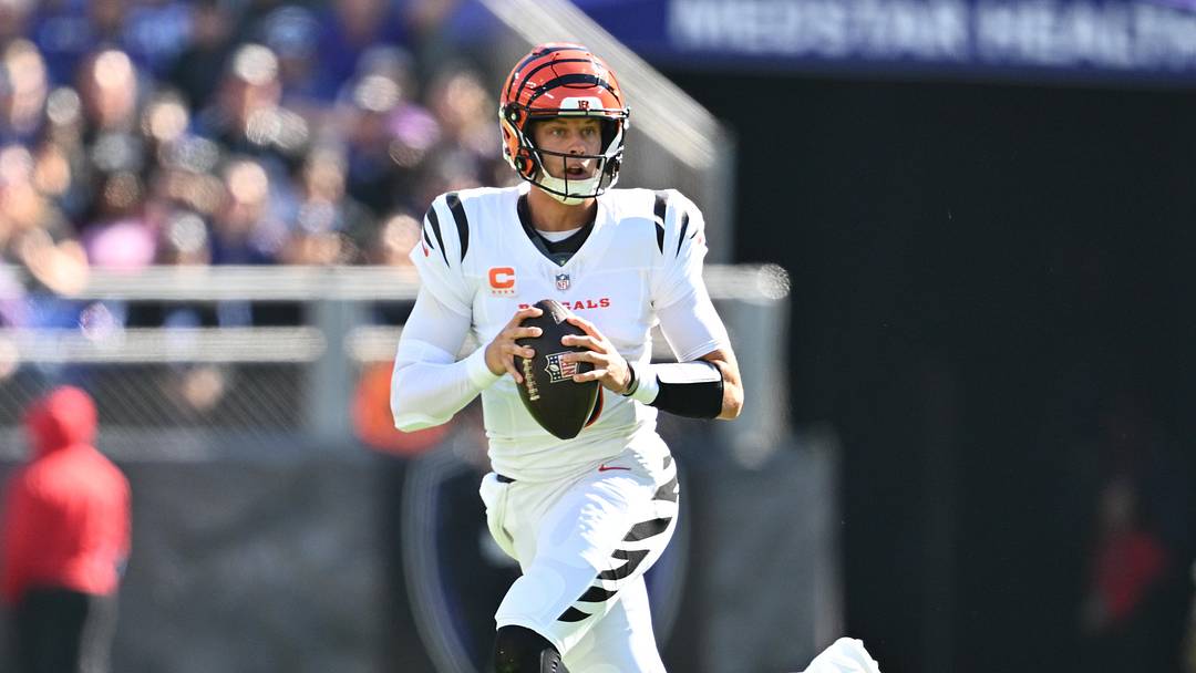 Oct 25, 2026; Baltimore, Maryland, USA;  Cincinnati Bengals quarterback Joe Burrow (9) runs the ball during the first quarter against the Baltimore Ravens at M&T Bank Stadium.  Mandatory Credit: Jamie Sabau-Imagn Images