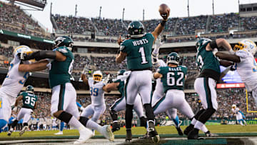 Philadelphia Eagles quarterback Jalen Hurts passes the ball against the Los Angeles Chargers.