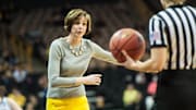 Mar 20, 2015; Iowa City, IA, USA; American University Eagles head coach Megan Gebbia questions a call during the second half against the Iowa Hawkeyes in the first round of the women's NCAA Tournament at Carver-City Hawkeye Arena. The Hawkeyes won 75-67. Mandatory Credit: Jeffrey Becker-Imagn Images