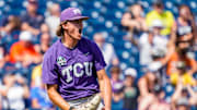 Jun 18, 2023; Omaha, NE, USA; TCU Horned Frogs pitcher Ben Abeldt (46) celebrates after defeating the Virginia Cavaliers at Charles Schwab Field Omaha. Mandatory Credit: Dylan Widger-Imagn Images