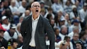 Mar 5, 2025; Storrs, Connecticut, USA; UConn Huskies head coach Dan Hurley watches from the sideline as they take on the Marquette Golden Eagles at Harry A. Gampel Pavilion. Mandatory Credit: David Butler II-Imagn Images