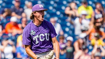Jun 18, 2023; Omaha, NE, USA; TCU Horned Frogs pitcher Ben Abeldt (46) celebrates after defeating the Virginia Cavaliers at Charles Schwab Field Omaha. Mandatory Credit: Dylan Widger-Imagn Images