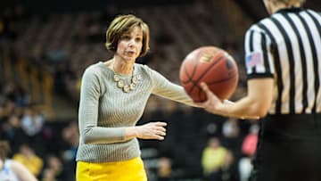 Mar 20, 2015; Iowa City, IA, USA; American University Eagles head coach Megan Gebbia questions a call during the second half against the Iowa Hawkeyes in the first round of the women's NCAA Tournament at Carver-City Hawkeye Arena. The Hawkeyes won 75-67. Mandatory Credit: Jeffrey Becker-Imagn Images