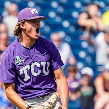 Jun 18, 2023; Omaha, NE, USA; TCU Horned Frogs pitcher Ben Abeldt (46) celebrates after defeating the Virginia Cavaliers at Charles Schwab Field Omaha. Mandatory Credit: Dylan Widger-Imagn Images