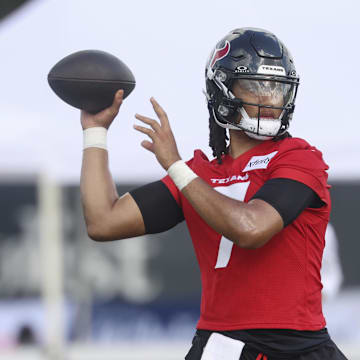 Jul 23, 2025; Houston, TX, USA;  Houston Texans quarterback C.J. Stroud (7) during training camp at Houston Methodist Training Center. Mandatory Credit: Troy Taormina-Imagn Images