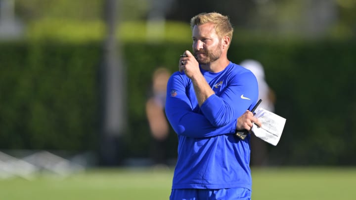 Jul 29, 2024; Los Angeles, CA, USA;  Los Angeles Rams head coach Sean McVay looks on during training camp at Loyola Marymount University. Mandatory Credit: Jayne Kamin-Oncea-USA TODAY Sports