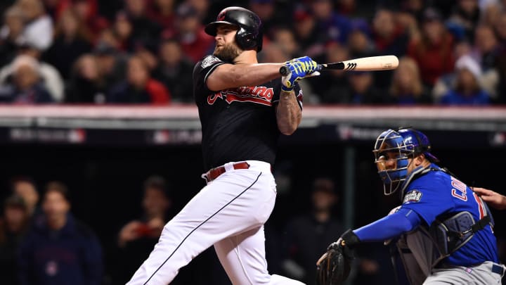 Oct 26, 2016; Cleveland, OH, USA; Cleveland Indians first baseman Mike Napoli hits a single against the Chicago Cubs in the 6th inning in game two of the 2016 World Series at Progressive Field. Mandatory Credit: Ken Blaze-USA TODAY Sports