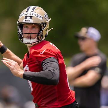 Jun 10, 2025; New Orleans, LA, USA;  New Orleans Saints quarterback Tyler Shough (6) on passing drills during minicamp at Ochsner Sports Performance Center. Mandatory Credit: Stephen Lew-Imagn Images