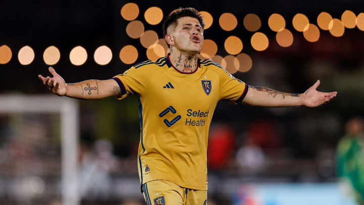 Jul 20, 2024; Commerce City, Colorado, USA; Real Salt Lake midfielder Diego Luna (8) reacts after a play in the second half against the Colorado Rapids at Dick's Sporting Goods Park. Mandatory Credit: Isaiah J. Downing-USA TODAY Sports