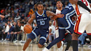 Oct 24, 2025; Memphis, Tennessee, USA; Memphis Grizzlies guard Javon Small (10) drives to the basket during the third quarter against the Miami Heat at FedExForum. Mandatory Credit: Petre Thomas-Imagn Images