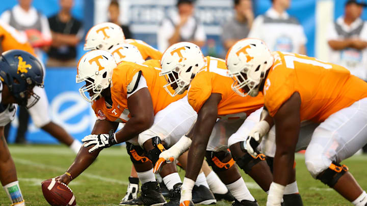 Sep 1, 2018; Charlotte, NC, USA; The Tennessee Volunteers offensive line waits for the snap against the West Virginia Mountaineers at Bank of America Stadium. Mandatory Credit: Jeremy Brevard-USA TODAY Sports
