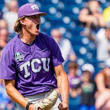 TCU Horned Frogs pitcher Ben Abeldt (46) celebrates after defeating the Virginia Cavaliers at Charles Schwab Field Omaha. The McKinney Boyd product was drated by the Texas Rangers on July 14. Mandatory Credit: Dylan Widger-Imagn Images
