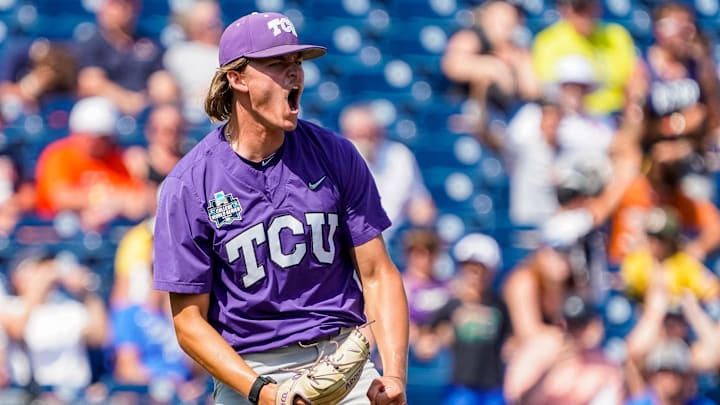 TCU Horned Frogs pitcher Ben Abeldt (46) celebrates after defeating the Virginia Cavaliers at Charles Schwab Field Omaha. The McKinney Boyd product was drated by the Texas Rangers on July 14. Mandatory Credit: Dylan Widger-Imagn Images