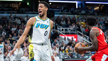 Feb 20, 2025; Indianapolis, Indiana, USA; Indiana Pacers guard Tyrese Haliburton (0) celebrates a made basket in the second half against the Memphis Grizzlies at Gainbridge Fieldhouse. Mandatory Credit: Trevor Ruszkowski-Imagn Images