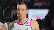 Jan 29, 2025; Miami, Florida, USA;  Miami Heat forward Duncan Robinson (55) is introduced during pregame ceremonies before the game against the Cleveland Cavaliers at Kaseya Center. Mandatory Credit: Jim Rassol-Imagn Images