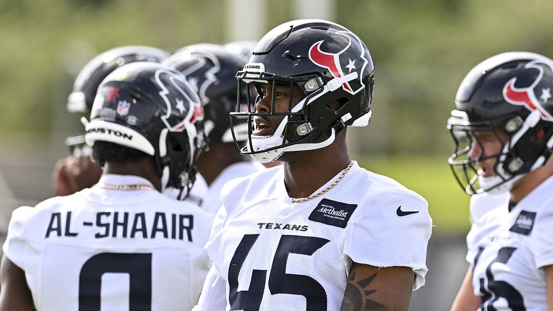 Jun 10, 2025; Houston, TX, USA; Houston Texans linebacker E.J. Speed (45) looks on during an NFL football minicamp at NRG Stadium. Mandatory Credit: Maria Lysaker-Imagn Images 