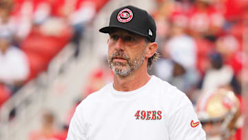 Oct 27, 2024; Santa Clara, California, USA; San Francisco 49ers head coach Kyle Shanahan on the field before the game against the Dallas Cowboys at Levi's Stadium. Mandatory Credit: Kelley L Cox-Imagn Images