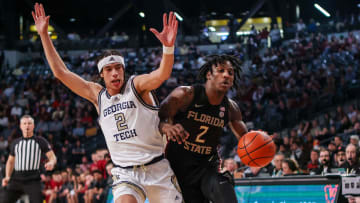 Mar 2, 2024; Atlanta, Georgia, USA; Georgia Tech Yellow Jackets guard Naithan George (2) fouls Florida State Seminoles forward Jamir Watkins (2) in the first half at McCamish Pavilion. Mandatory Credit: Brett Davis-USA TODAY Sports