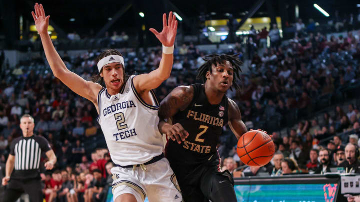 Mar 2, 2024; Atlanta, Georgia, USA; Georgia Tech Yellow Jackets guard Naithan George (2) fouls Florida State Seminoles forward Jamir Watkins (2) in the first half at McCamish Pavilion. Mandatory Credit: Brett Davis-USA TODAY Sports Mar 2, 2024; Atlanta, Georgia, USA; Georgia Tech Yellow Jackets guard Naithan George (2) fouls Florida State Seminoles forward Jamir Watkins (2) in the first half at McCamish Pavilion. Mandatory Credit: Brett Davis-USA TODAY Sports