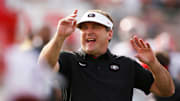 Georgia head coach Kirby Smart during warm ups before the start of the first half of the NCAA playoff Rose Bowl game between Georgia and Oklahoma in Pasadena, CA. Monday, January. 1, 2018. (Photo/Joshua L. Jones, Athens Banner-Herald)