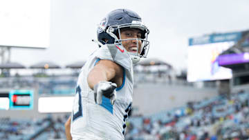 Dec 29, 2024; Jacksonville, Florida, USA; Tennessee Titans wide receiver Nick Westbrook-Ikhine (15) celebrates a touchdown in the third quarter against the Jacksonville Jaguars at EverBank Stadium. Mandatory Credit: Jeremy Reper-Imagn Images