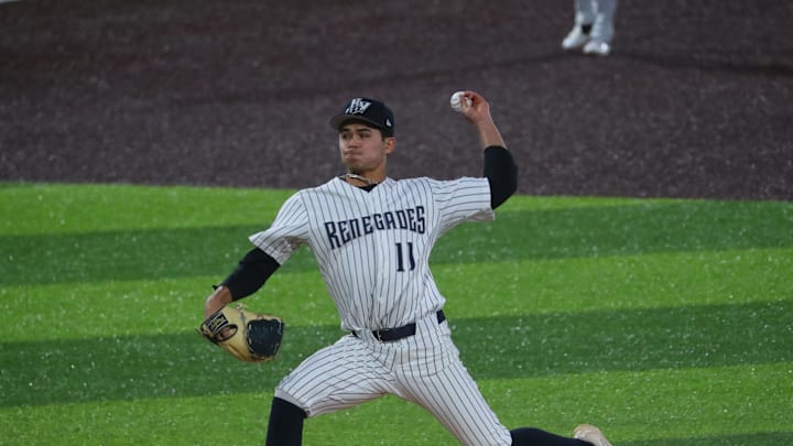 Kyle Carr pitches during the game versus the Jersey Shore BlueClaws at Heritage Financial Park in Fishkill on April 4, 2025.