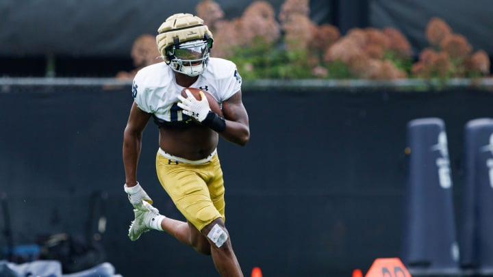 Notre Dame wide receiver Jayden Thomas participates in a drill during a Notre Dame football practice at Irish Athletic Center on Tuesday, Aug. 6, 2024, in South Bend.