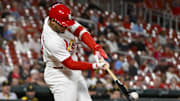Aug 26, 2025; St. Louis, Missouri, USA;  St. Louis Cardinals first baseman Willson Contreras (40) drives in a run as he grounds out against the Pittsburgh Pirates during the sixth inning at Busch Stadium. Mandatory Credit: Jeff Curry-Imagn Images
