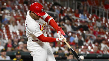 Aug 26, 2025; St. Louis, Missouri, USA;  St. Louis Cardinals first baseman Willson Contreras (40) drives in a run as he grounds out against the Pittsburgh Pirates during the sixth inning at Busch Stadium. Mandatory Credit: Jeff Curry-Imagn Images