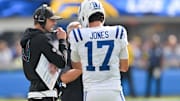 Oct 19, 2025; Inglewood, California, USA; Indianapolis Colts quarterback Daniel Jones (17) speaks with head coach Shane Steichen in the first quarter against the Los Angeles Chargers at SoFi Stadium. Mandatory Credit: Jayne Kamin-Oncea-Imagn Images