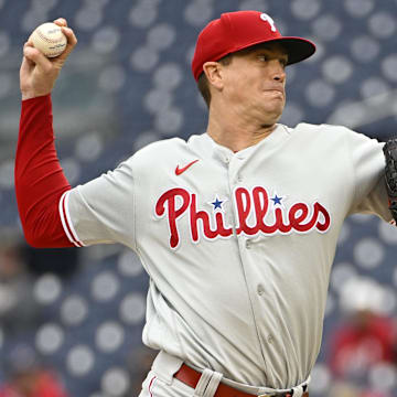 Oct 1, 2022; Washington, District of Columbia, USA; Philadelphia Phillies starting pitcher Kyle Gibson (44) throws to the Washington Nationals during the first inning at Nationals Park