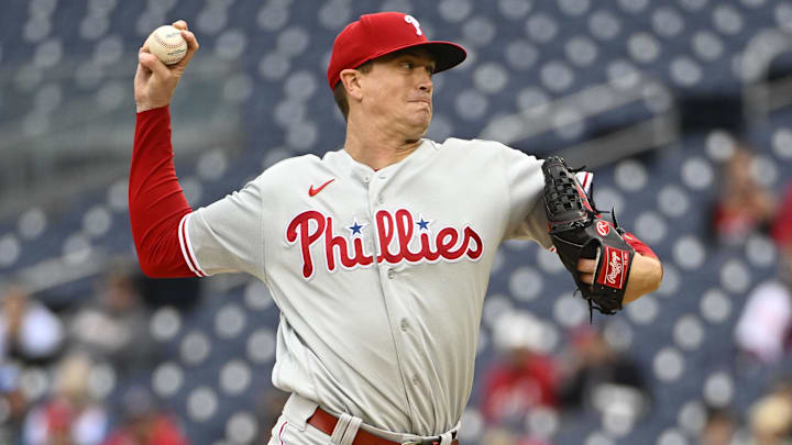 Oct 1, 2022; Washington, District of Columbia, USA; Philadelphia Phillies starting pitcher Kyle Gibson (44) throws to the Washington Nationals during the first inning at Nationals Park
