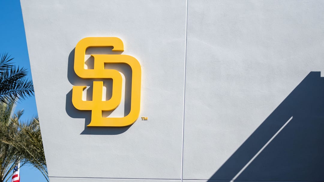 Feb 18, 2024; Peoria, AZ, USA; A general view of the San Diego Padres logo and clubhouse during a workout day at Peoria Sports Complex. Mandatory Credit: Allan Henry-Imagn Images
