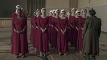 The Handmaid's Tale -- "Unfit" - Episode 308 -- June and the rest of the Handmaids shun Ofmatthew, and both are pushed to their limit at the hands of Aunt Lydia. Aunt Lydia reflects on her life and relationships before the rise of Gilead. June (Elisabeth Moss) and Aunt Lydia (Ann Dowd), shown. (Photo by: Sophie Giraud/Hulu)