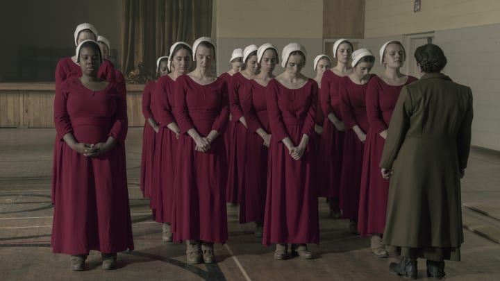 The Handmaid's Tale -- "Unfit" - Episode 308 -- June and the rest of the Handmaids shun Ofmatthew, and both are pushed to their limit at the hands of Aunt Lydia. Aunt Lydia reflects on her life and relationships before the rise of Gilead. June (Elisabeth Moss) and Aunt Lydia (Ann Dowd), shown. (Photo by: Sophie Giraud/Hulu)