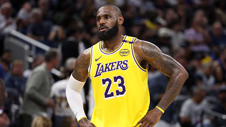 Mar 24, 2025; Orlando, Florida, USA; Los Angeles Lakers forward LeBron James (23) looks on against the Orlando Magic in the second quarter at Kia Center. Mandatory Credit: Nathan Ray Seebeck-Imagn Images