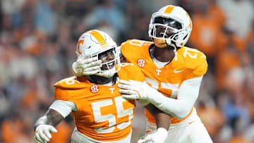 Tennessee defensive lineman James Pearce Jr. (27) celebrates Tennessee defensive lineman Omarr Norman-Lott’s (55) sack during an NCAA college football game between Tennessee and Mississippi State at Neyland Stadium in Knoxville, Tenn., Saturday, Nov. 9, 2024.