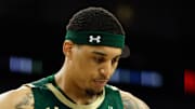Mar 16, 2025; Fort Worth, TX, USA;  UAB Blazers forward Yaxel Lendeborg (3) reacts against the Memphis Tigers during the second half at Dickies Arena. Mandatory Credit: Chris Jones-Imagn Images