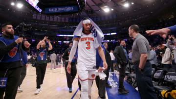 uMay 19, 2024; New York, New York, USA; New York Knicks guard Josh Hart (3) walks off the floor after his team's Game 7 loss to the Indiana Pacers. 
