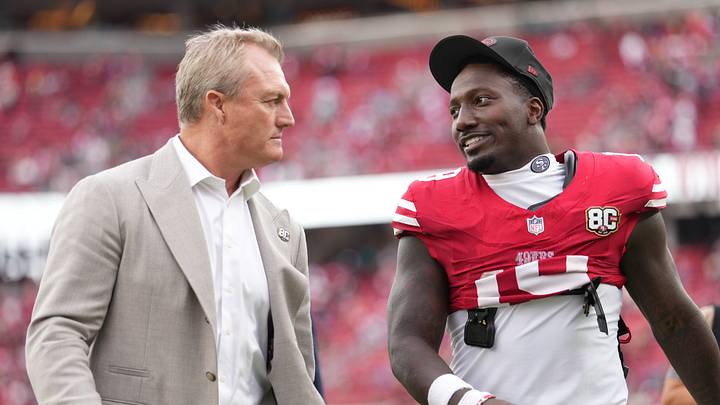 Sep 20, 2026; Santa Clara, California, USA;  San Francisco 49ers wide receiver Deebo Samuel Sr. (19) talks with general manager John Lynch